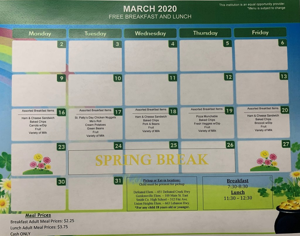 March 16-March 20 Menu